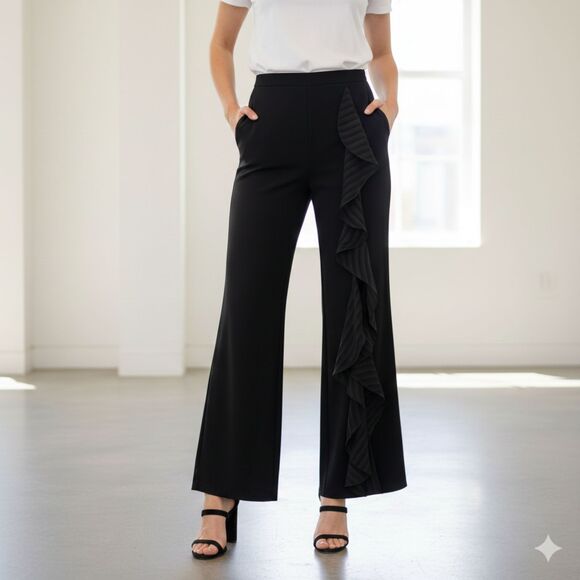 Jealous Tomato Pants - Jealous Tomato Black Ruffle Slit Leg Trousers - Wide Leg Pants - Size M
